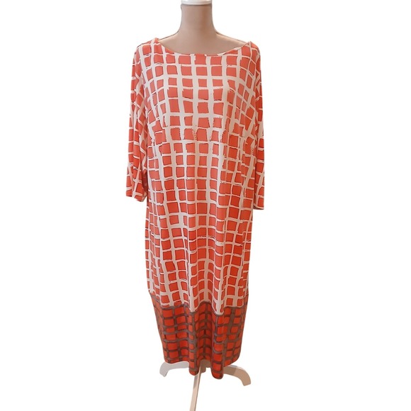 Liz Claiborne Dresses & Skirts - Liz Claiborne 3x Woman Dress Coral White Geometric Print 3/4 Sleeve Midi Stretch